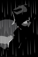 Vector illustration of a girl in a jacket and hat with rainy bac