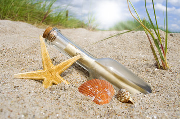 Flaschenpost im Sand mit Muschel und Seestern und Sonne