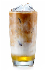 Glass of iced coffe with syrup isolated on white