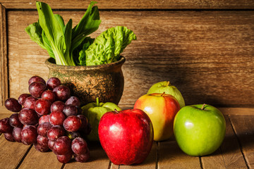 Still life with on the timber full of fruit