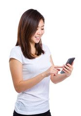 Woman touch mobile phone screen