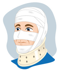 First Aid dressing with bandages on head and neck collar