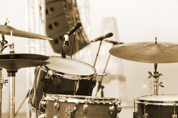 Detail of a drum set on stage closeup