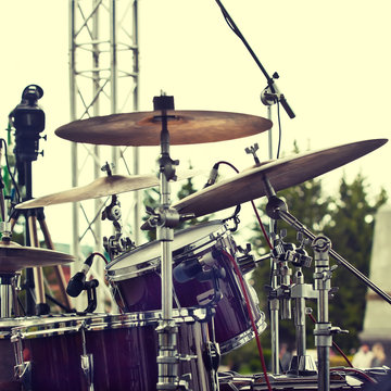 Detail of a drum set on stage closeup