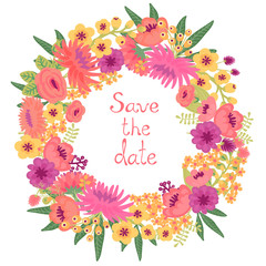 Vintage card with floral wreath. Save the date.