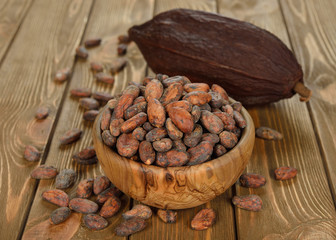 Cocoa beans in a wooden bowl