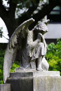 stone winged Praying Angel gravestone in a cemetery