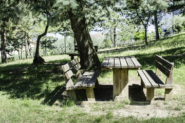 Fototapeta na wymiar Wooden benches and a table in the woods