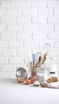 close up many kitchen utensil on white background