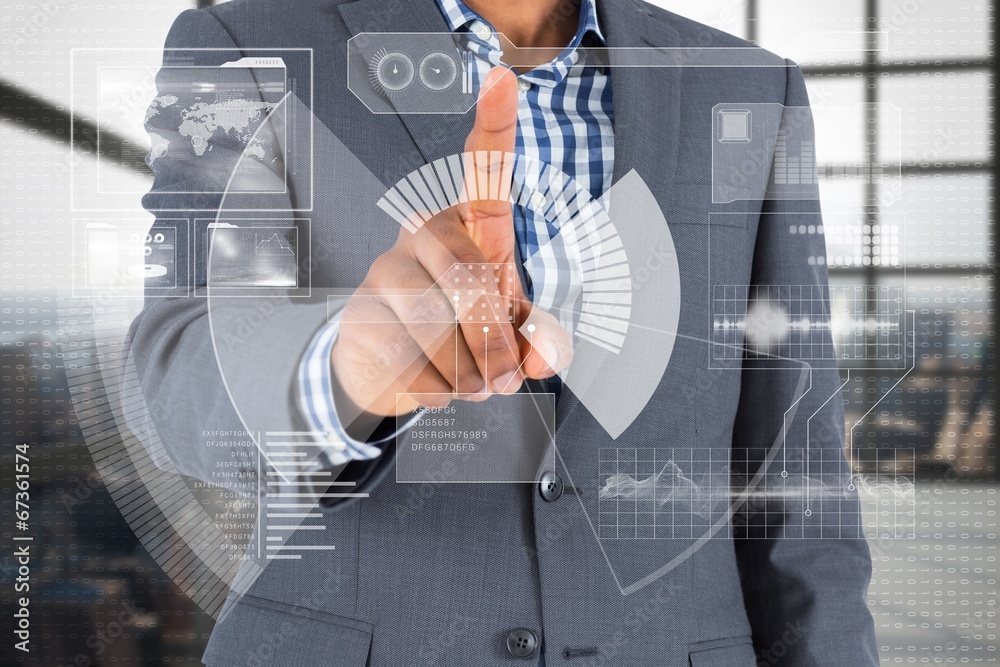 Poster Composite image of focused businessman pointing at interface