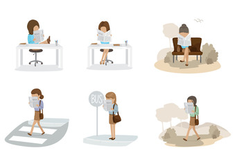 People Reading A Newspaper Set - Isolated On White