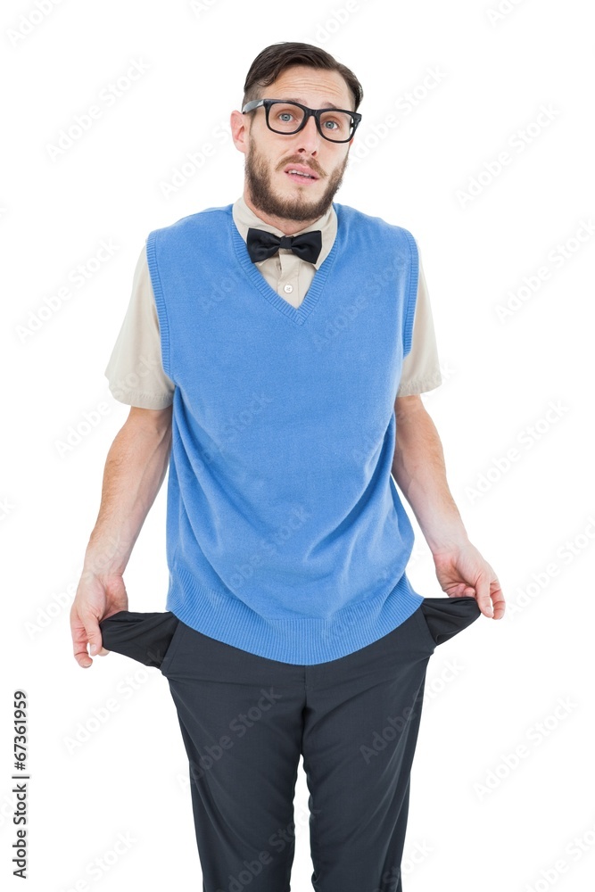 Poster Geeky hipster showing empty pockets