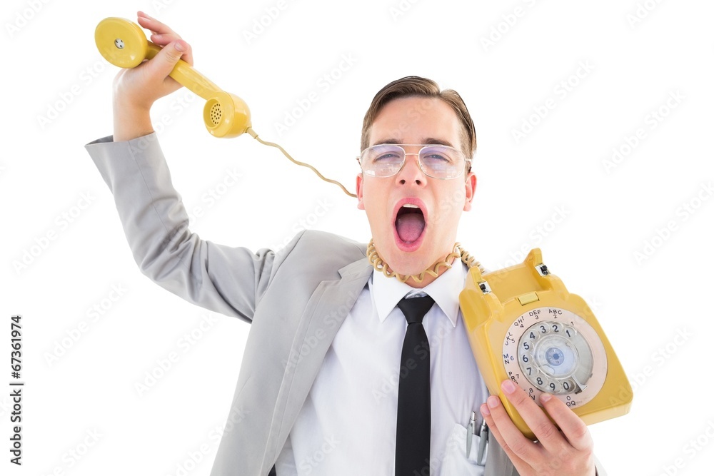 Poster geeky businessman being strangled by phone cord