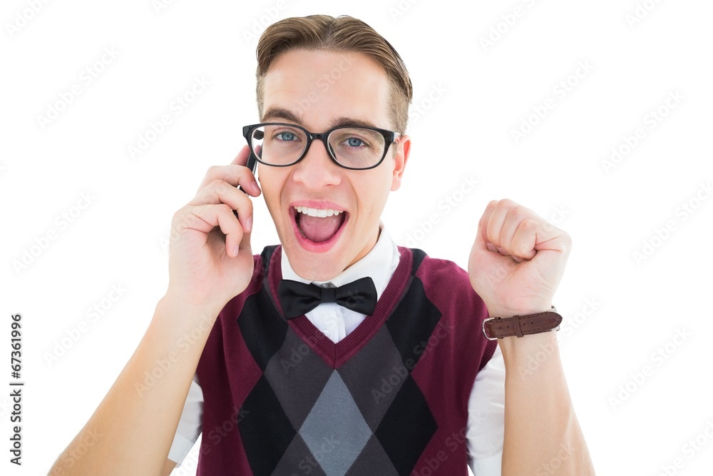 Poster geeky hipster talking on the phone