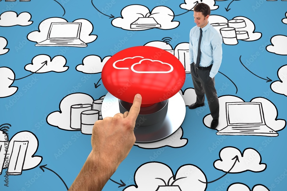 Poster composite image of happy businessman standing with hands in pock