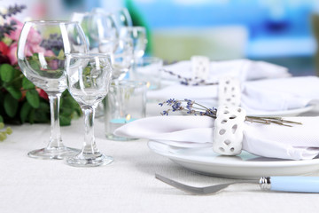 Dining table setting with lavender flowers