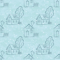 Seamless pattern, houses contours and trees