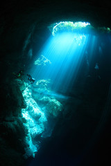 Underwater cave with sunlight