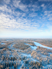 Top view of trees in hoar beside river in winter