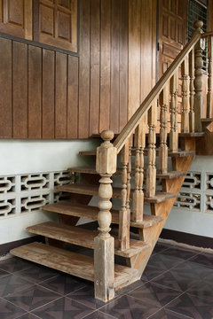 wood staircase, banister carving wooden thai style