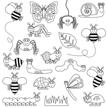 Large Vector Set of Cute Cartoon Bugs Line Art