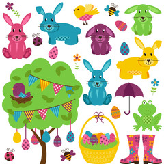 Vector Collection of Easter Bunnies with Tree, Eggs and Basket