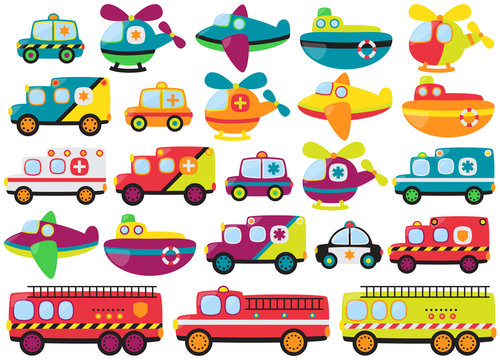 Vector Collection of Cute or Retro Style Emergency Rescue Vehicl