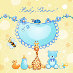 Baby shower card with toys.
