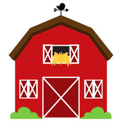 Cute Red Vector Barn with Hay, Weather Vane and Bushes
