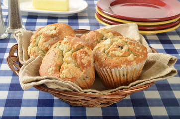 Basket of blueberry muffins