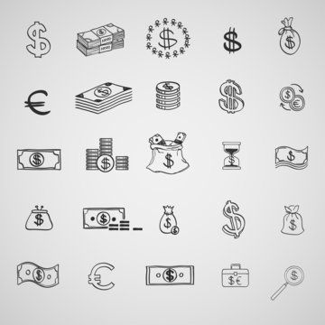 Money icons set doodle sketch hand draw. Finanse investment