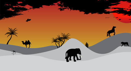 Africa, Safari, Tree, Wild Animals. Vector Illustration.