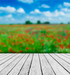 Fresh spring green grass with green bokeh and sunlight and wood