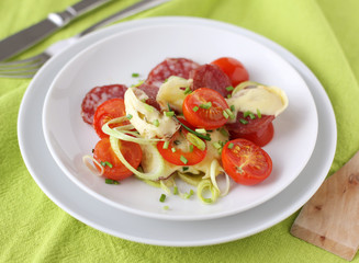 Raclette Käse mit Salami, Tomaten und Zwiebel