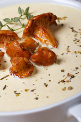 Chanterelle mushroom soup with herbs vertical