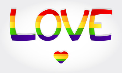 Love stylized word with rainbow and one heart