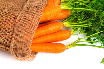 Fresh carrots in juta bag