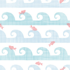 Naklejka na ściany i meble Abstract textile fish among waves seamless pattern background