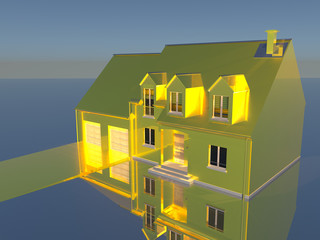 3D rendering of a golden house on reflecting silver ground
