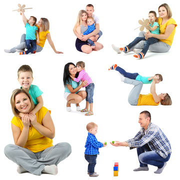 Set photos of happy families isolated on white
