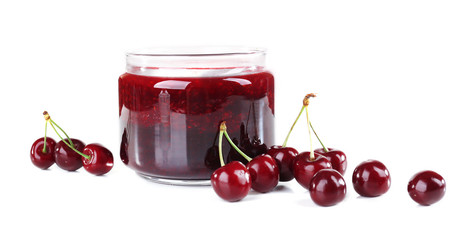 Berries jam in glass jar isolated on white