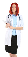 Young beautiful doctor holding tablet isolated on white