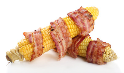 Grilled bacon wrapped corn, isolated on white