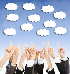 group of business people hands point upward cloud