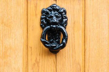 Close up of black lion head door knocker handle wooden door