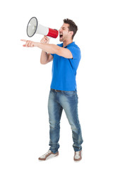 Man Screaming Into Bullhorn While Pointing Away