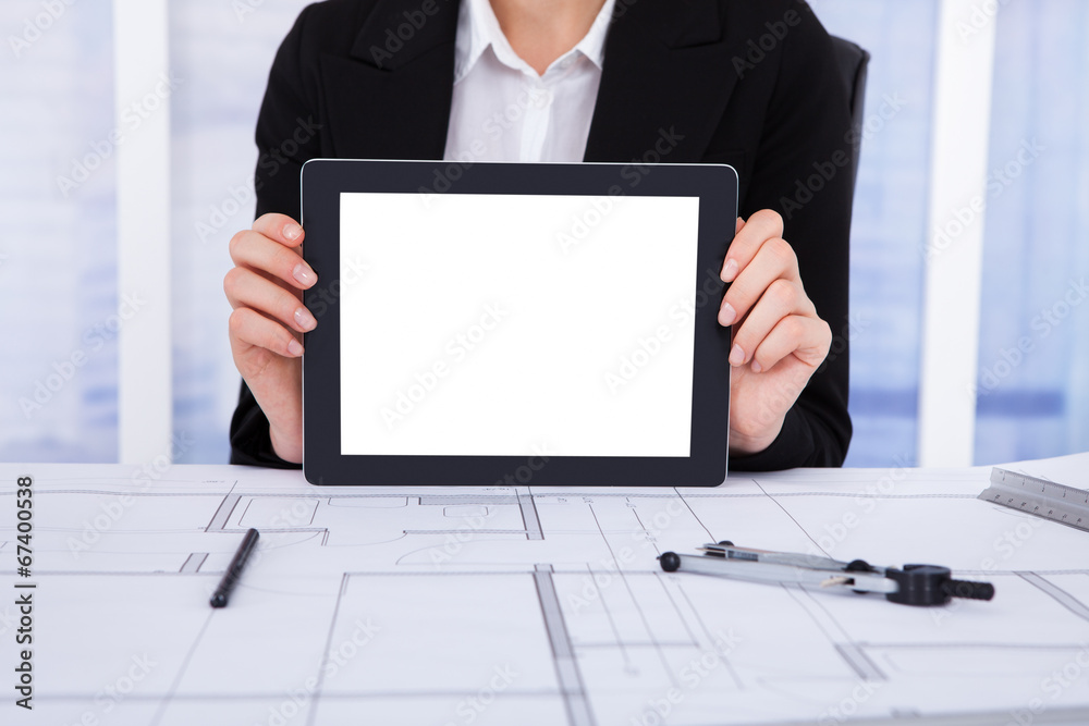 Poster architect displaying blank screen of digital tablet