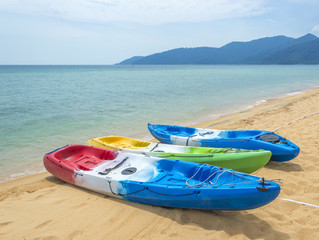 Row of colorful kayaks at sea shore