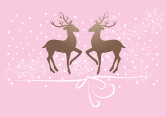 Fototapeta na wymiar reindeer, deer on pink background, snow, gift ribbon