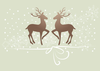 Fototapeta na wymiar reindeer, deer on green background, snow, gift ribbon